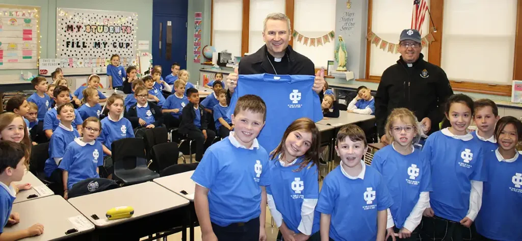 Bishop Ronald Hicks, of the Diocese of Joliet, visits ICGS 2nd graders in celebration of their 125th Anniversary Bishop Ronald Hicks, of the Diocese of Joliet, visits ICGS 2nd graders in celebration of their 125th Anniversary.