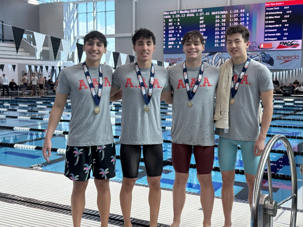 HC RECORD1 From left,
Luke Vatev, Matthew Vatev, Josh Bey, and Henry Guo of Hinsdale Central set a national record in the 200 medley relay
in February.
