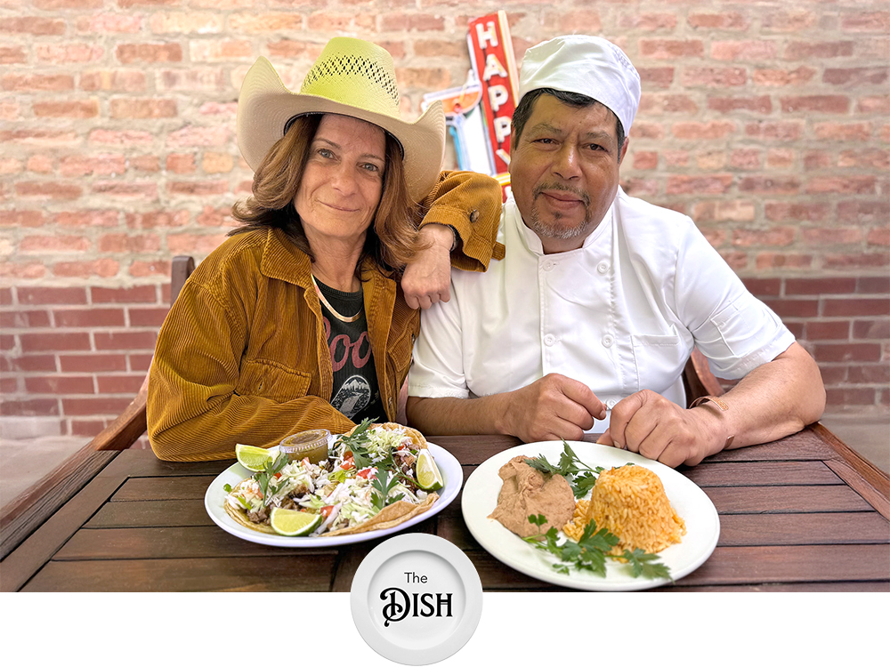 Cissy Rallo and Head Kitchen Boss Asunción Ruiz proudly showing off Dine and Dash pork carnitas tacos with homemade refried beans and rice.