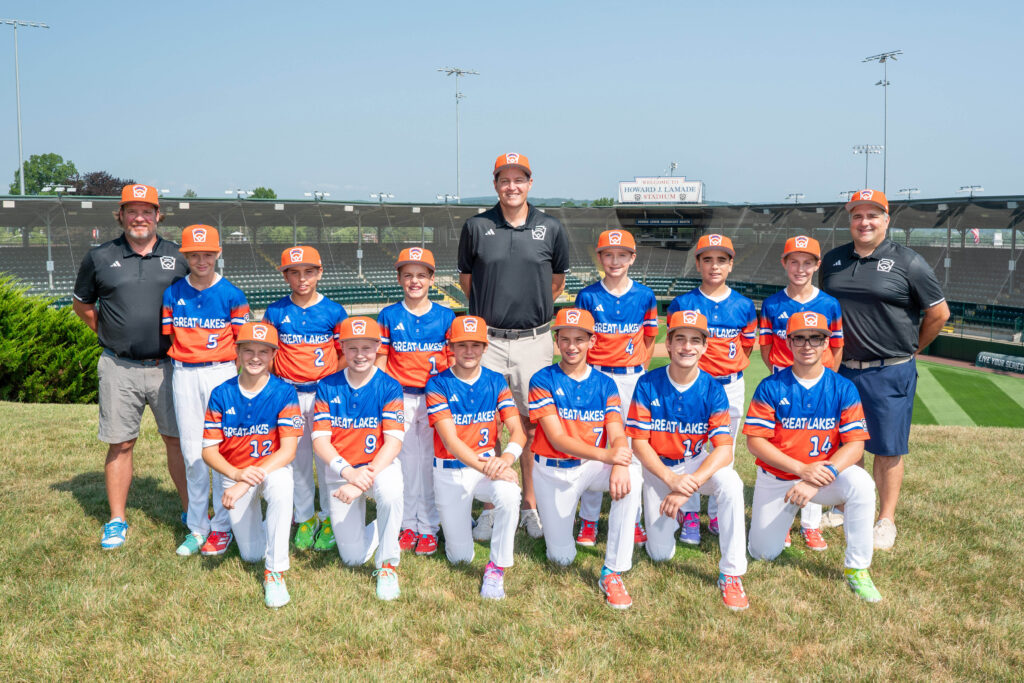 Back Row: Coach Brian O'Malley
Luke Schaller, Jack O’Malley, Henry McMahon, Manager Brian Herold, Connor Lazar, Liam Harrigan, Luca Striltschuk, Coach Ted Kaczmarski
<br>Front Row:
Hudson Lauerman, Brody Herold, Sean Bolger, Christian Gernot, Jack Kaczmarski, Matthew Kalish <br><i>Photo courtesy of the Little League World Series</i>