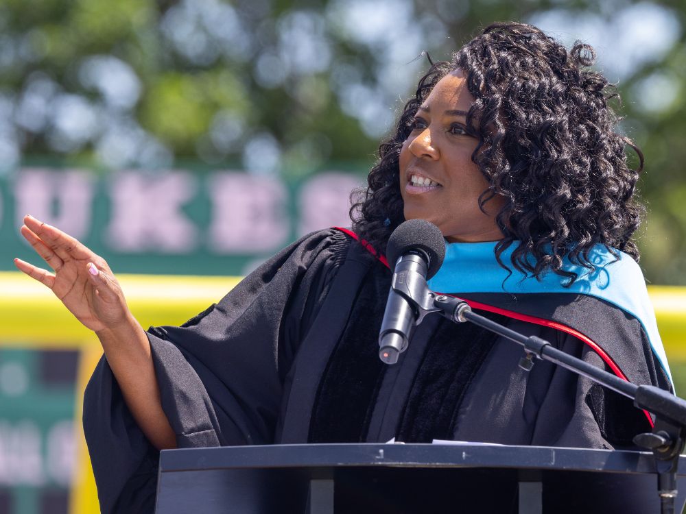 Dr. Keisha Campbell addresses the crowd at York Community High School graduation.