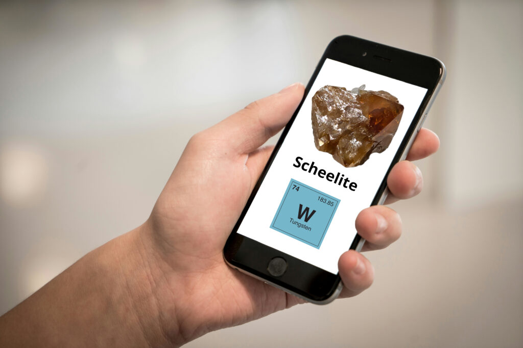 Scheelite, a mineral rich in tungsten, used in electronics for its high melting point and conductivity.
